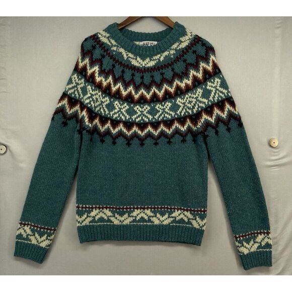 VTG Topman‎ Sweater SMALL Teal Fair Isle Nordic WOOLD BLEND Chunky Knit Pullover - Picture 1 of 16